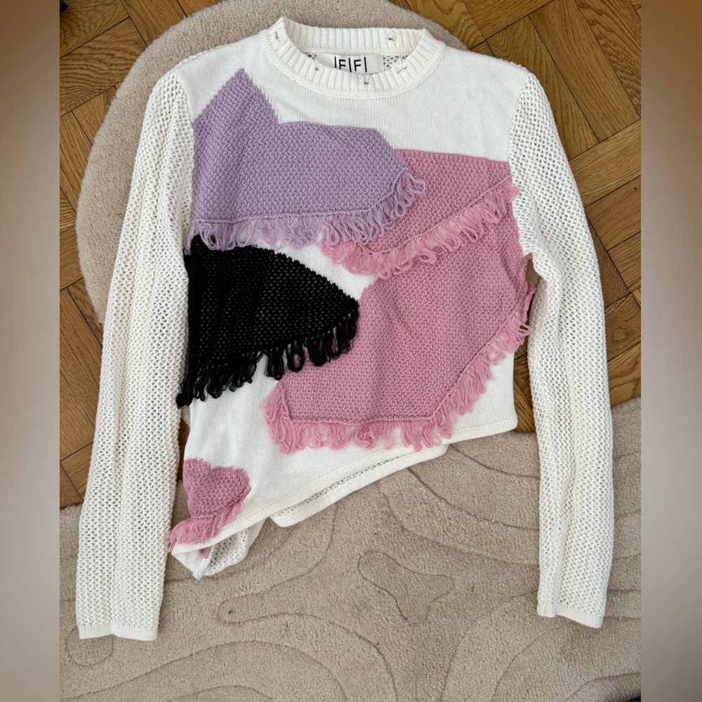 Lilac and Cream Knit Sweater with Fringe